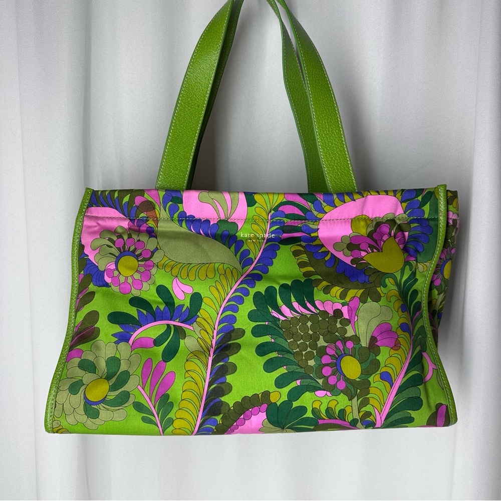 Rare Kate Spade Icon Green Floral Print Zip-Top Tote Bag Canvas Leather Handles